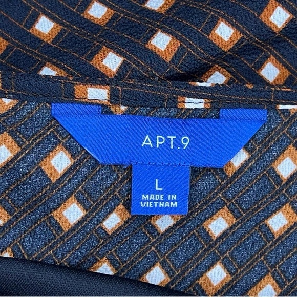 LARGE APT 9 BLACK BROWN WHITE SQUARE PRINT ART DECO BLOUSE STRETCH - Picture 10 of 12